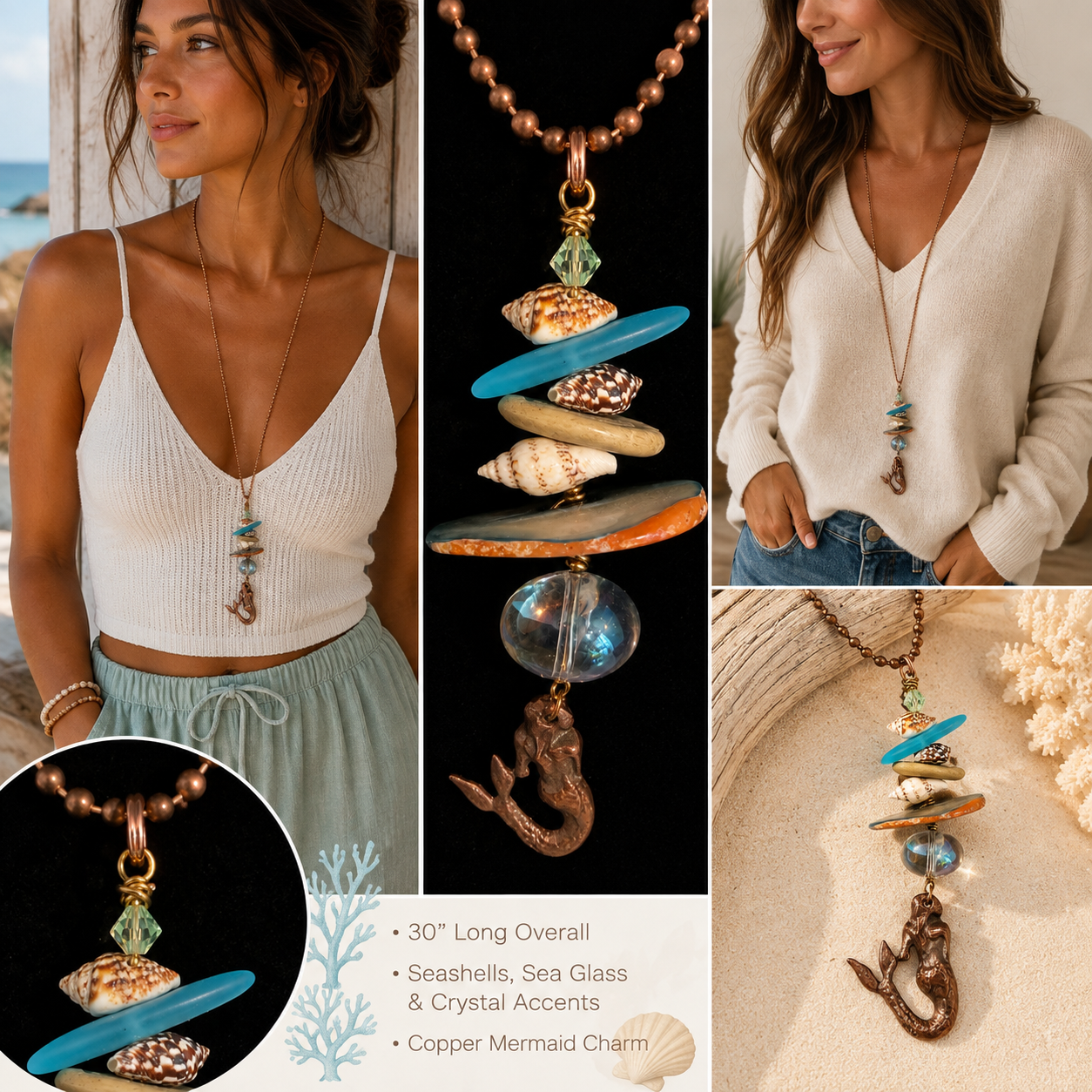 Copper Mermaid Necklace with Real Seashells, Beach Glass & Abalone – 30” Adjustable
