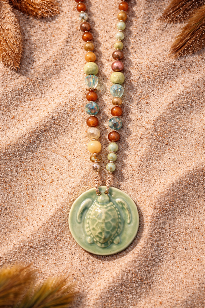 Coastal Wanderer — Handmade Turtle Pendant Beaded Necklace
