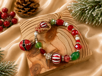 Handmade Christmas Stretch Bracelet with Peppermint Beads, Crystals & Holiday Charms