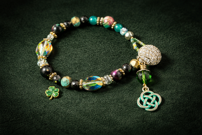 Lucky Celtic Charm Bracelet – Austrian Crystal & Green Beaded Irish Bracelet, Rhinestone Button Clasp