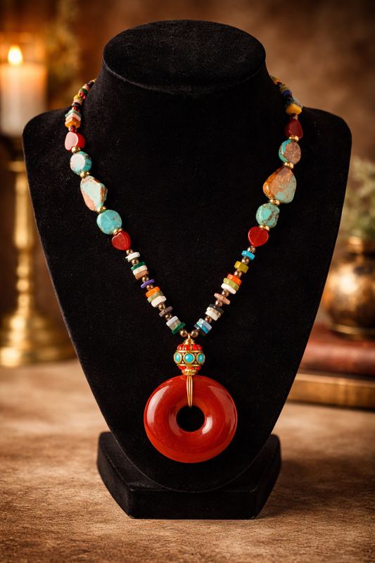 Carnelian Donut & Turquoise Necklace – 16” Handmade Boho Statement with Vintage Heart Beads