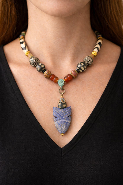 African Trade Bead Necklace with Carved Fish Stone Pendant, Zebra Bone Beads & Czech Glass Flowers