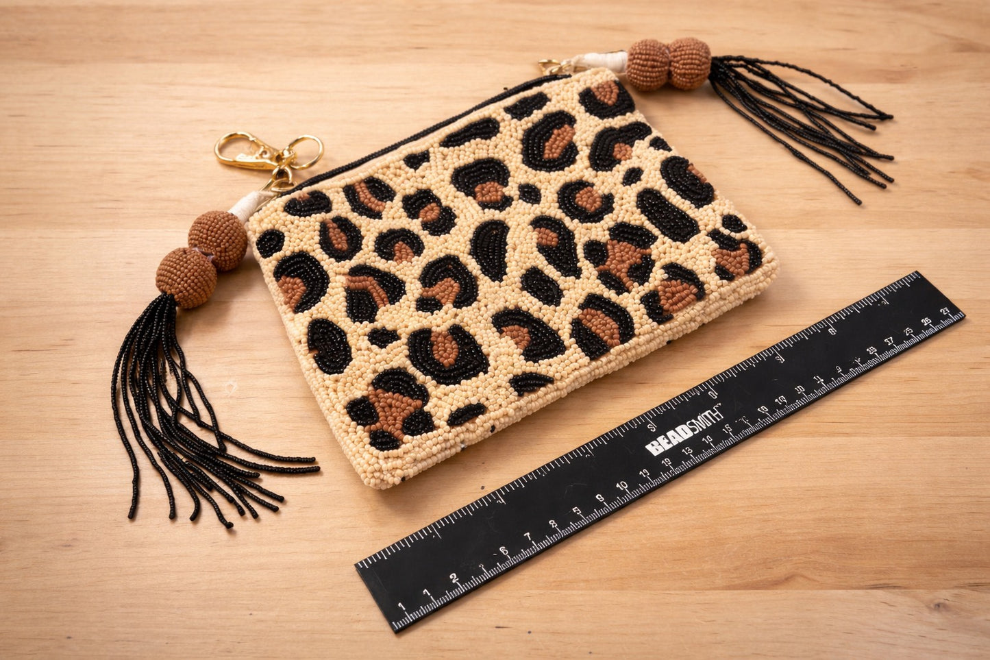 Leopard Print Beaded Coin Pouch with Tassel