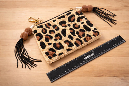 Leopard Print Beaded Coin Pouch with Tassel