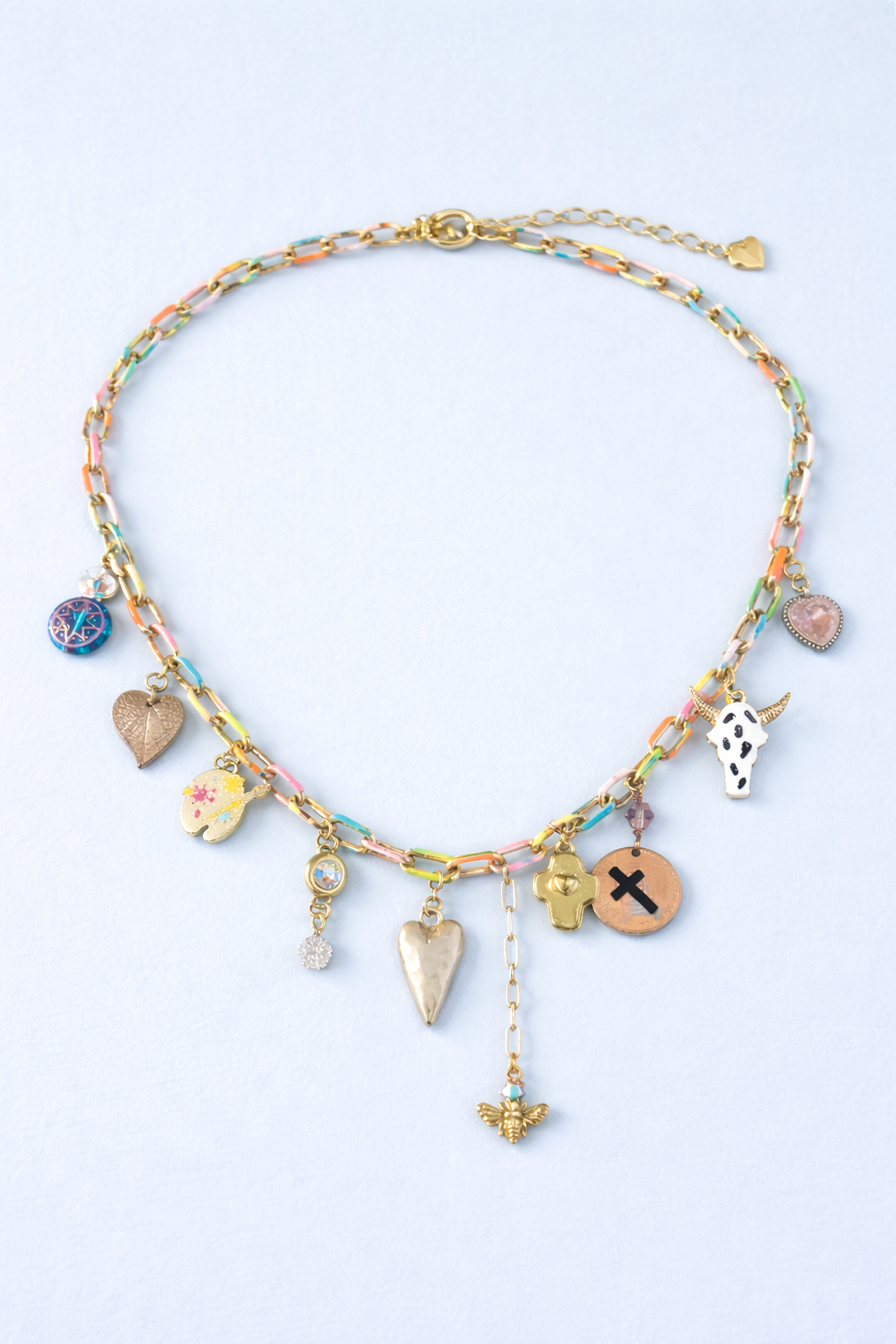 Pastel Paperclip Charm Necklace – 10 Charm Statement Necklace with Bee, Cross Penny, Rhinestones & Artist Palette