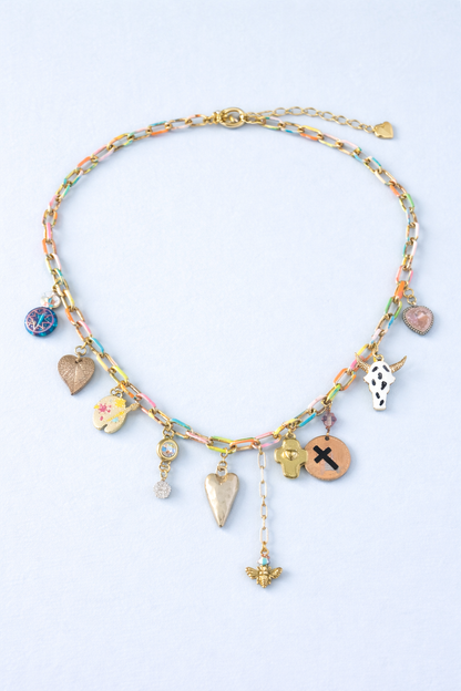 Pastel Paperclip Charm Necklace – 10 Charm Statement Necklace with Bee, Cross Penny, Rhinestones & Artist Palette