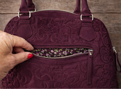 Plum Quilted Vera Bradley Handbag – Floral Lined, Multi-Pocket, Magnetic Front, Vintage Style
