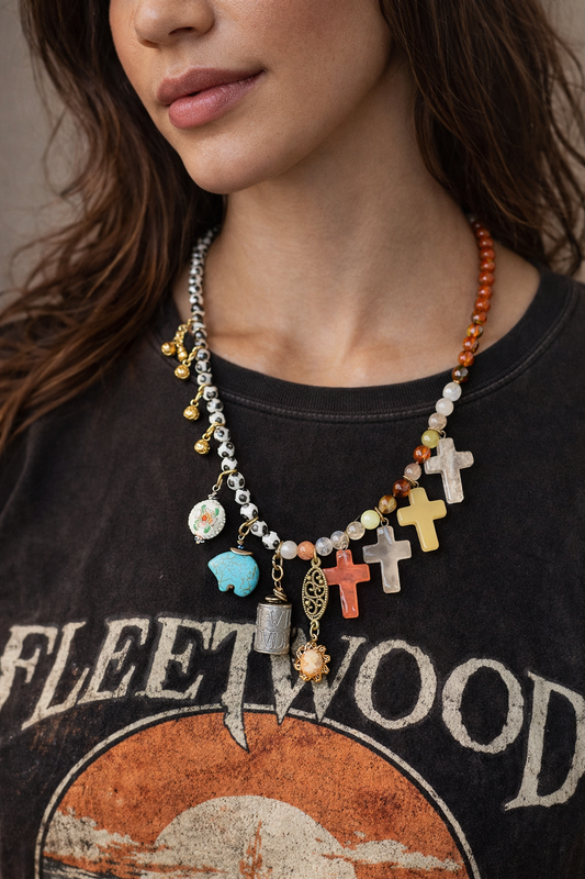 Sacred Story Charm Necklace – African Beads, Jasper, Turquoise Bear & Cross Charms (20”)