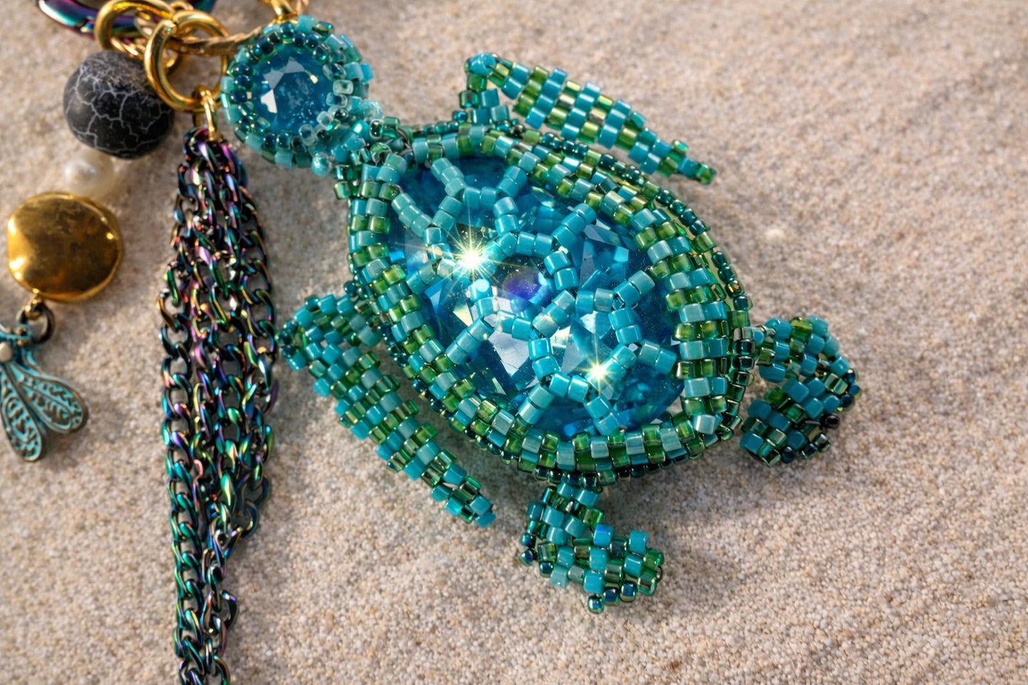 Sea Glass & Tides Beaded Necklace with Sea Turtle Charm