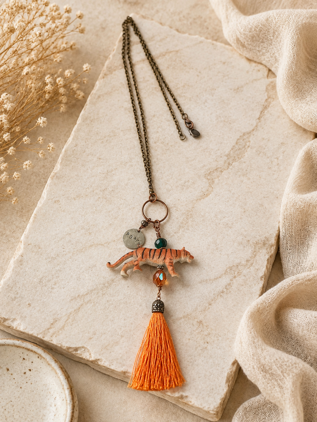 Handmade Tiger Tassel Necklace with Crystals, ROAR Charm & 36-Inch Chain