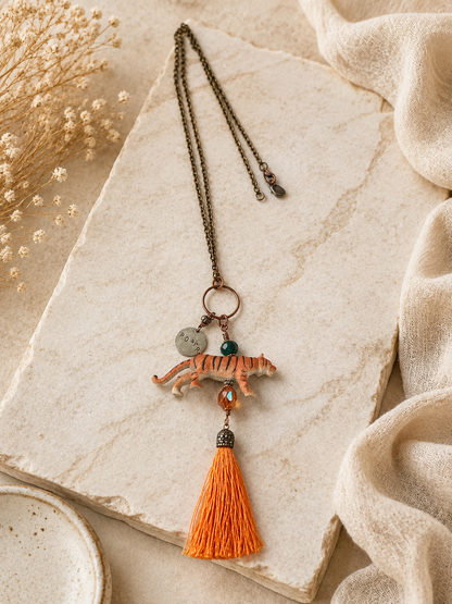 Handmade Tiger Tassel Necklace with Crystals, ROAR Charm & 36-Inch Chain