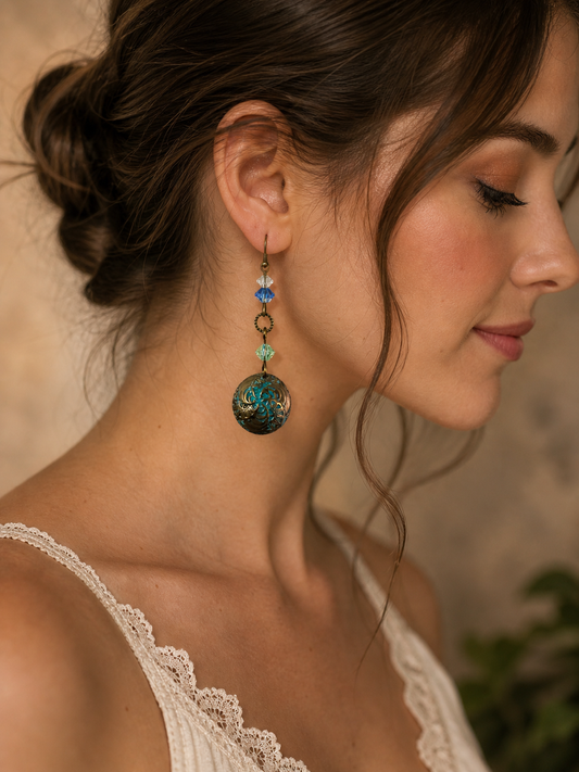 Boho Patina Domed Earrings with Crystal Accents