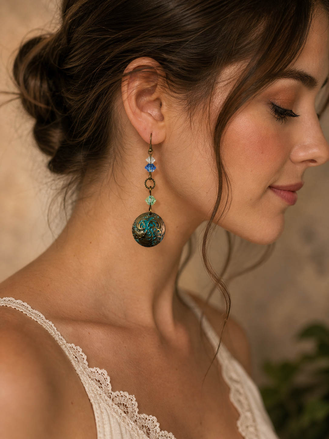 Boho Patina Domed Earrings with Crystal Accents