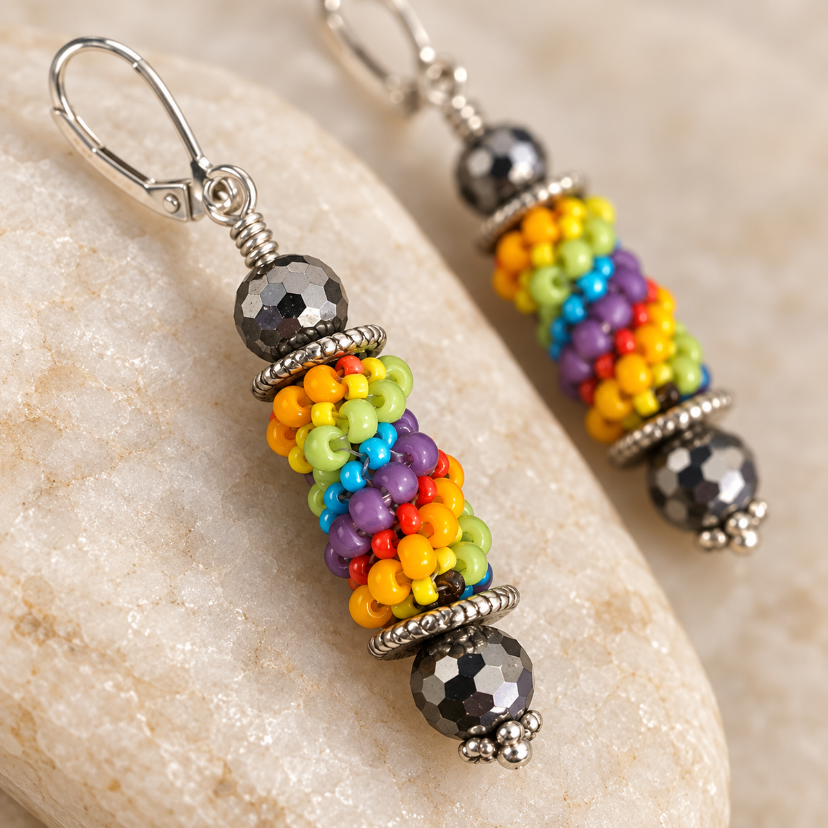 Handmade Rainbow Seed Bead Dangle Earrings with Leverback Wires