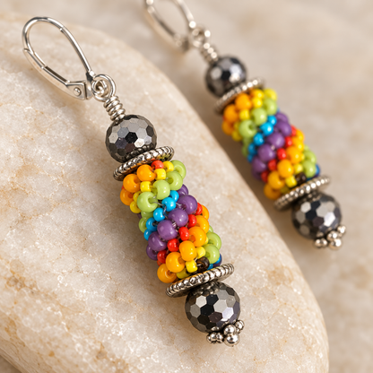 Handmade Rainbow Seed Bead Dangle Earrings with Leverback Wires