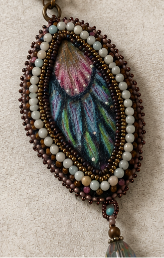 Handmade Colored Pencil on Copper Butterfly Necklace | Bead Embroidered Pendant | Vintage Crystal & Silk Ribbon Necklace
