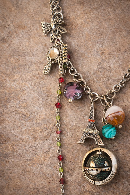 Wanderlust Charm Necklace – Eiffel Tower, Globe & Vintage Travel Treasures Statement Piece