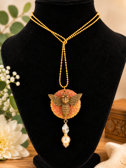 Antique Brass Bee Pendant Necklace with Vintage Crystal & Pearl on Adjustable 30-Inch Gold Ball Chain