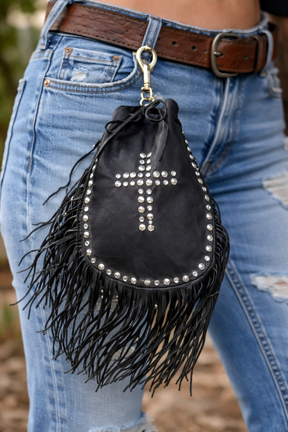Boho Biker Fringe Leather Belt Bag – Studded Cross Western Pouch with Clip Hook