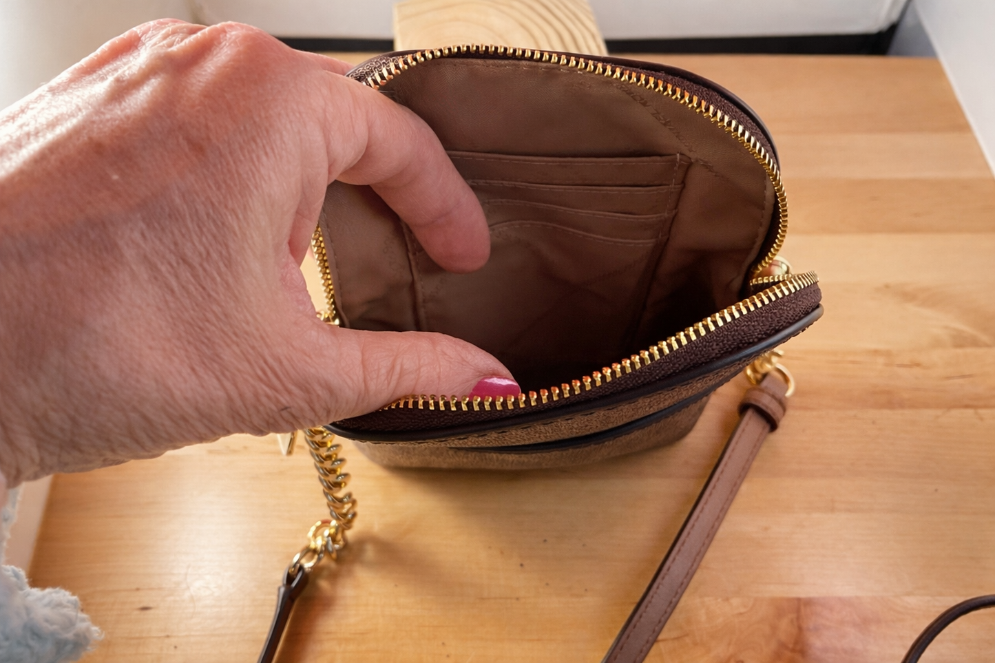 Michael Kors Jet Set Mini Crossbody Phone Bag – Brown MK Monogram with Gold Chain