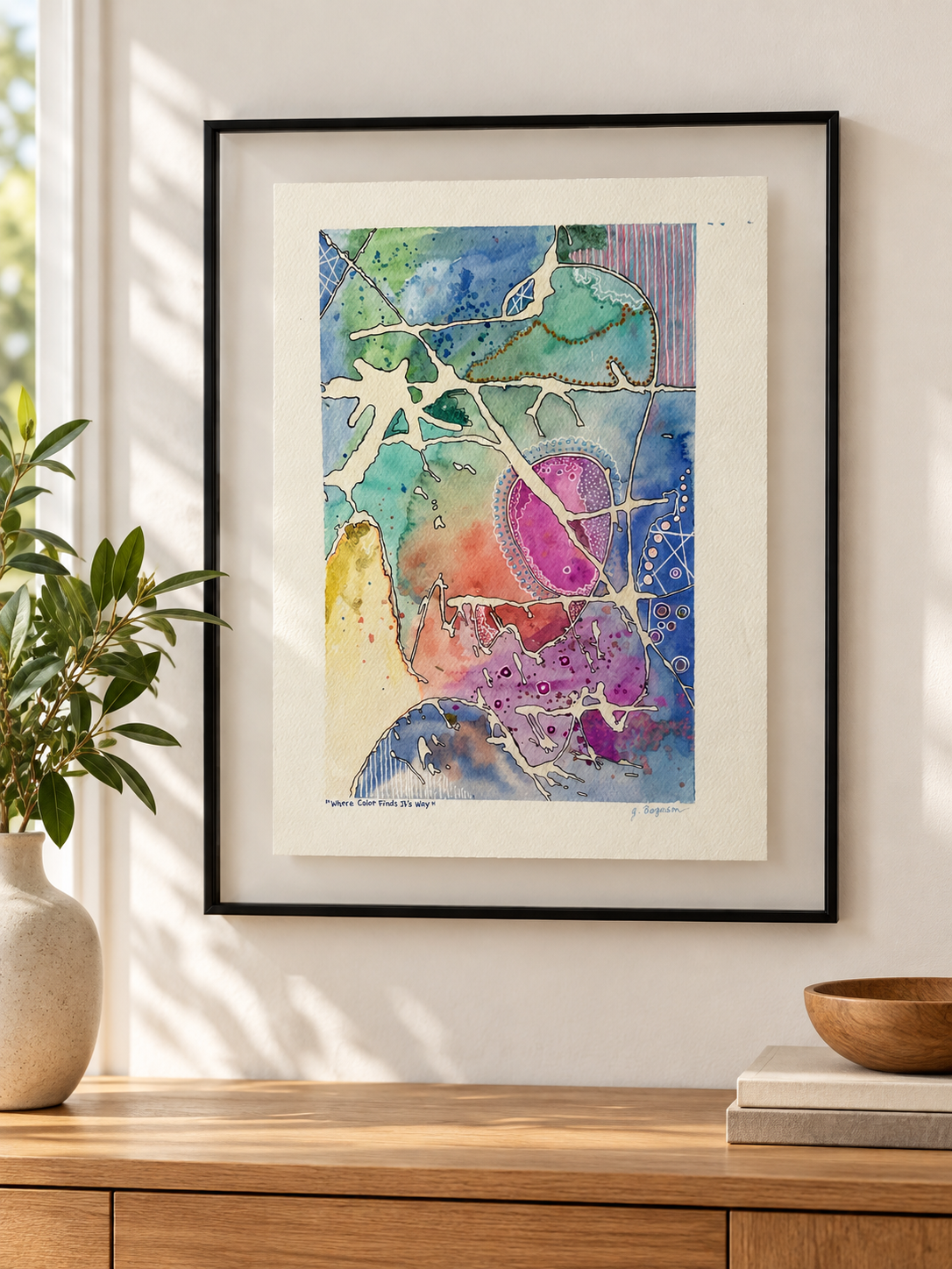 Where Color Finds It's Way - Original Watercolor & Pen Painting, 14" x 19" framed