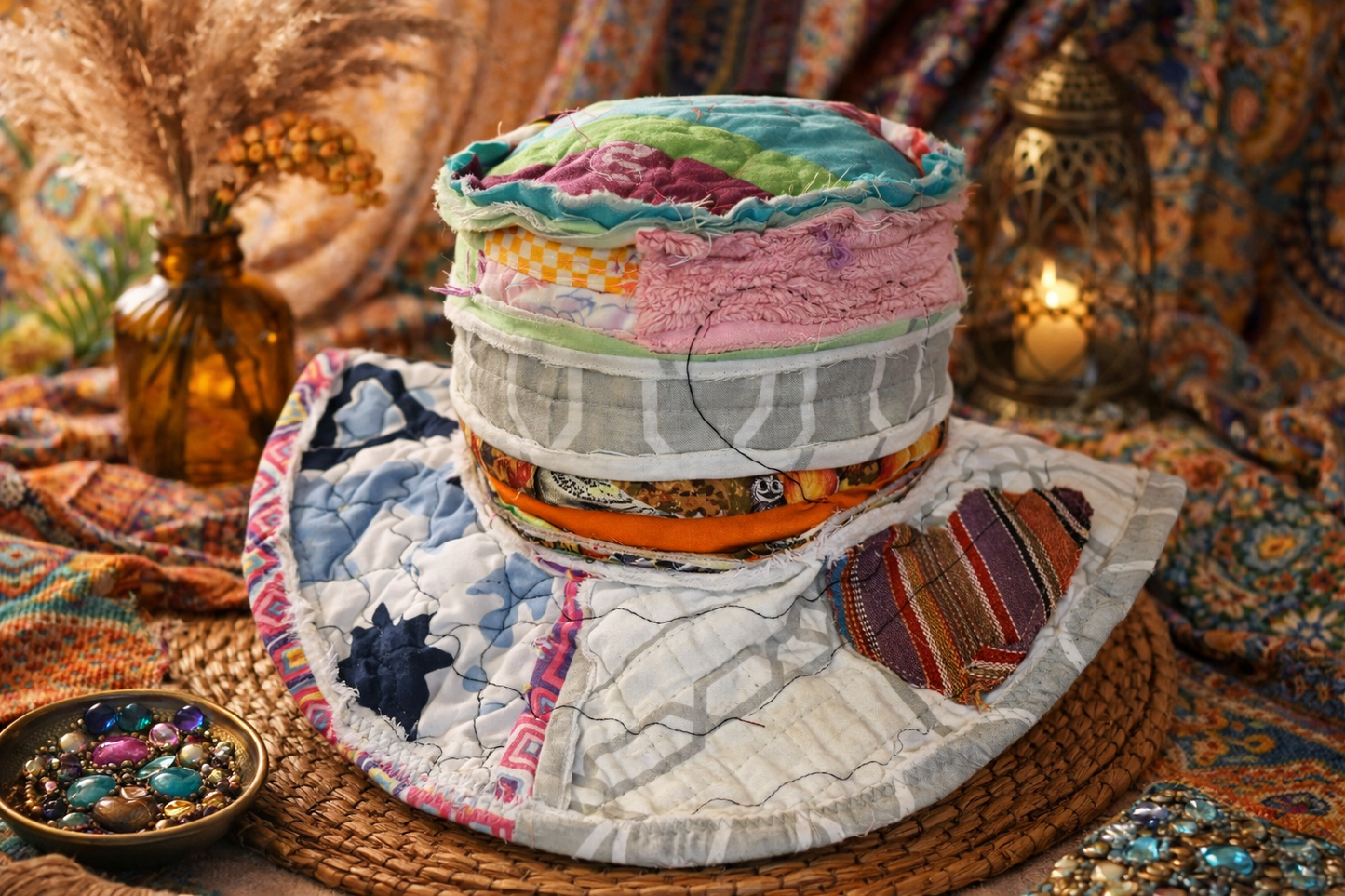 Bohemian Patchwork Reversible Hat – One-of-a-Kind Wide Brim Art Hat (22” Fit)