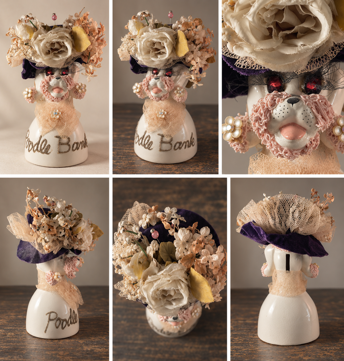 Vintage Poodle Bank with Flowered Hat