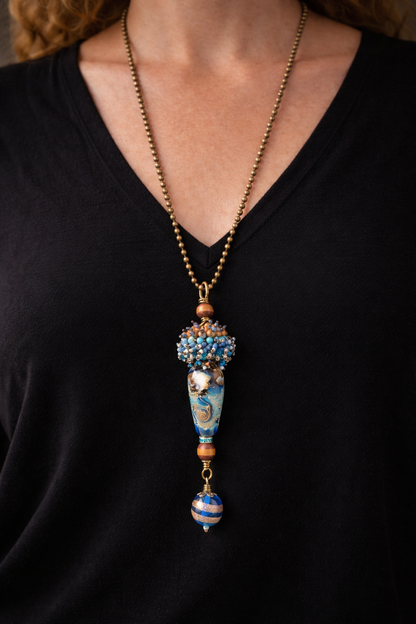 Eye of the Storm Necklace – Ocean Swirl Glass & Hand Beaded Statement Pendant