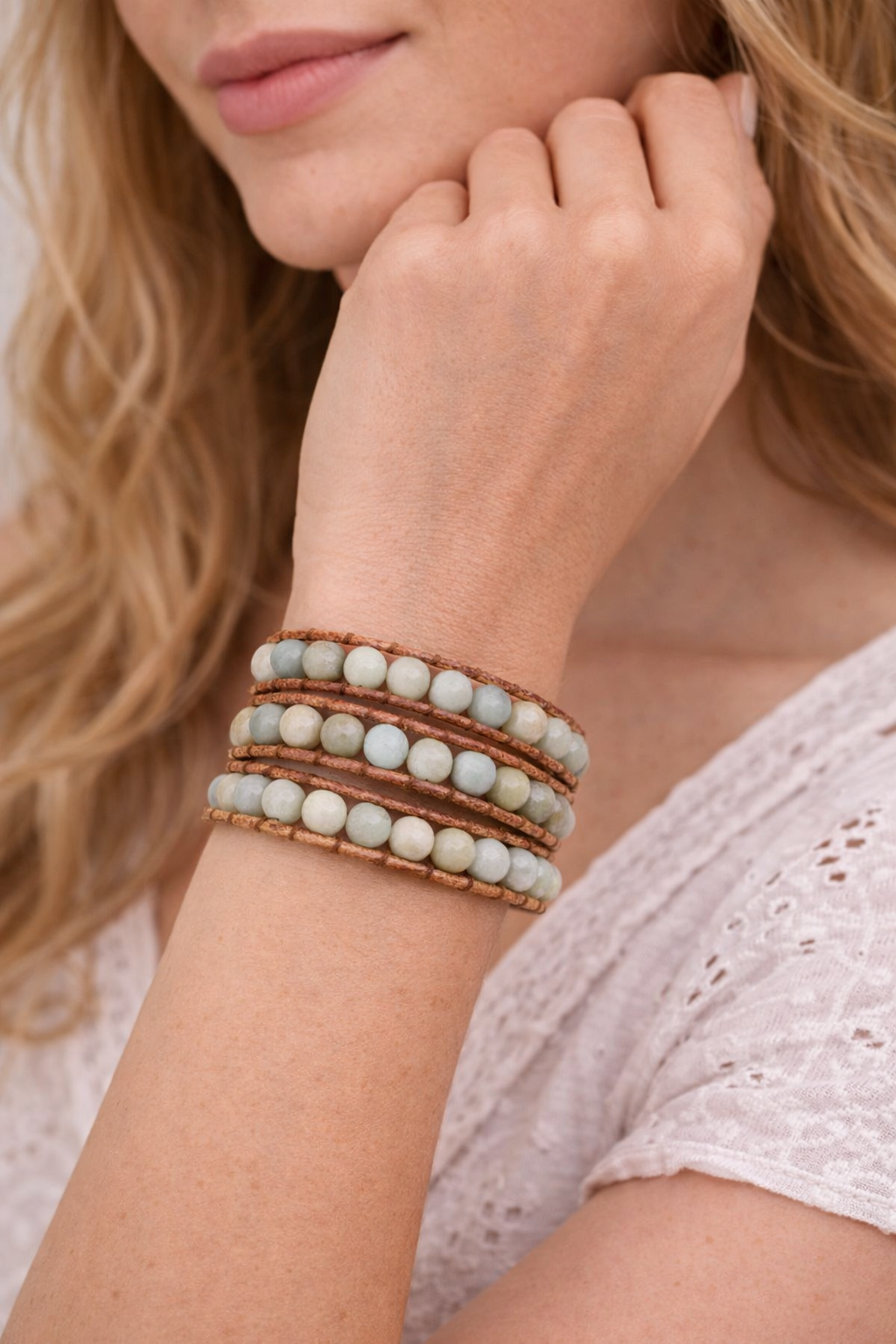 Jasper Triple Wrap Bracelet – Natural Jasper Beaded Adjustable Boho Bracelet with Silver Button