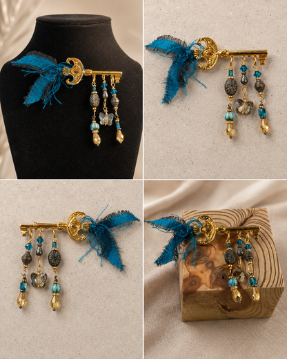 3” Gold-Plated Key Brooch Pin with Czech Glass, Swarovski Butterfly & Beaded Fringe