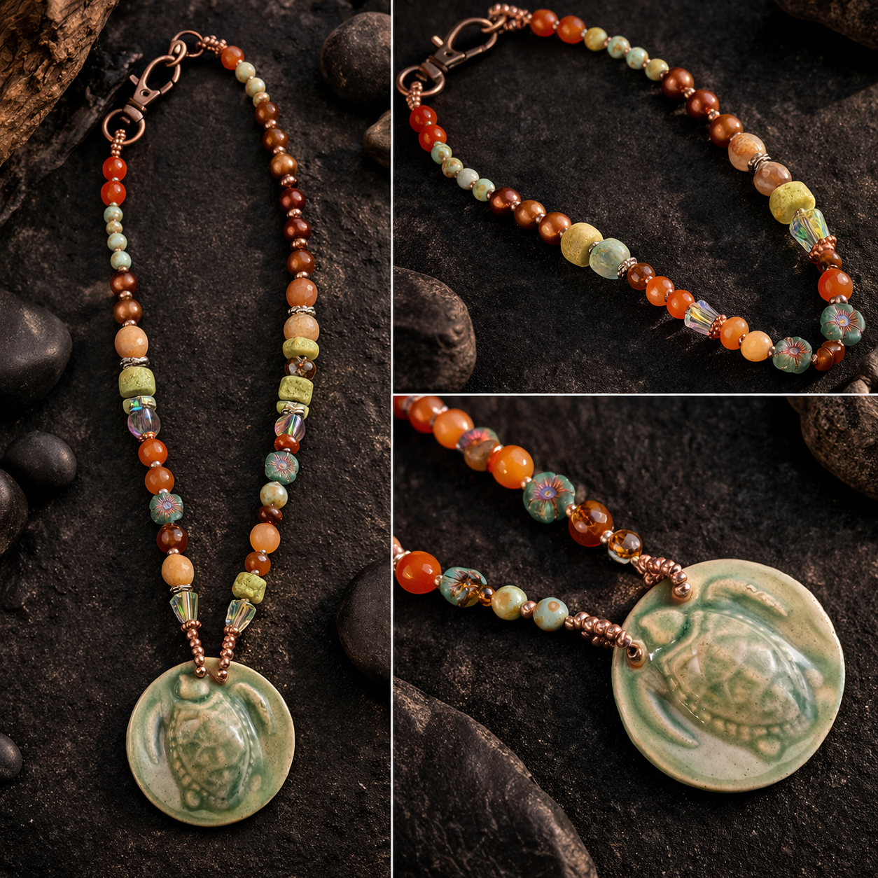 Coastal Wanderer — Handmade Turtle Pendant Beaded Necklace