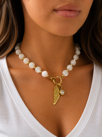 17” Selenite Necklace with Gold-Plated Angel Wing & Swarovski Crystal