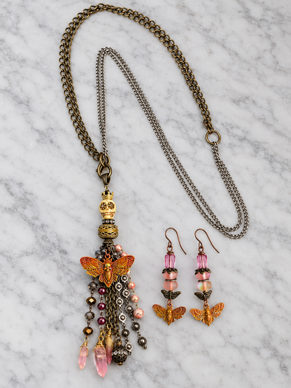 Handmade Skull Moth Jewelry Set with Quartz & Swarovski Crystal