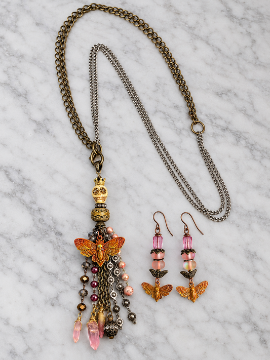 Handmade Skull Moth Jewelry Set with Quartz & Swarovski Crystal