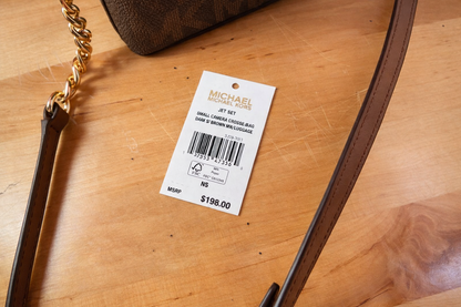 Michael Kors Jet Set Mini Crossbody Phone Bag – Brown MK Monogram with Gold Chain