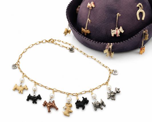 Vintage Scottie Dog Charm Necklace | Freshwater Pearls | Adjustable 17–18.5 Inch Gold Paperclip Chain