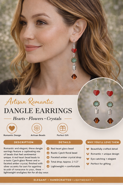 Romantic Heart & Czech Flower Dangle Earrings – Crystal Accent Drops