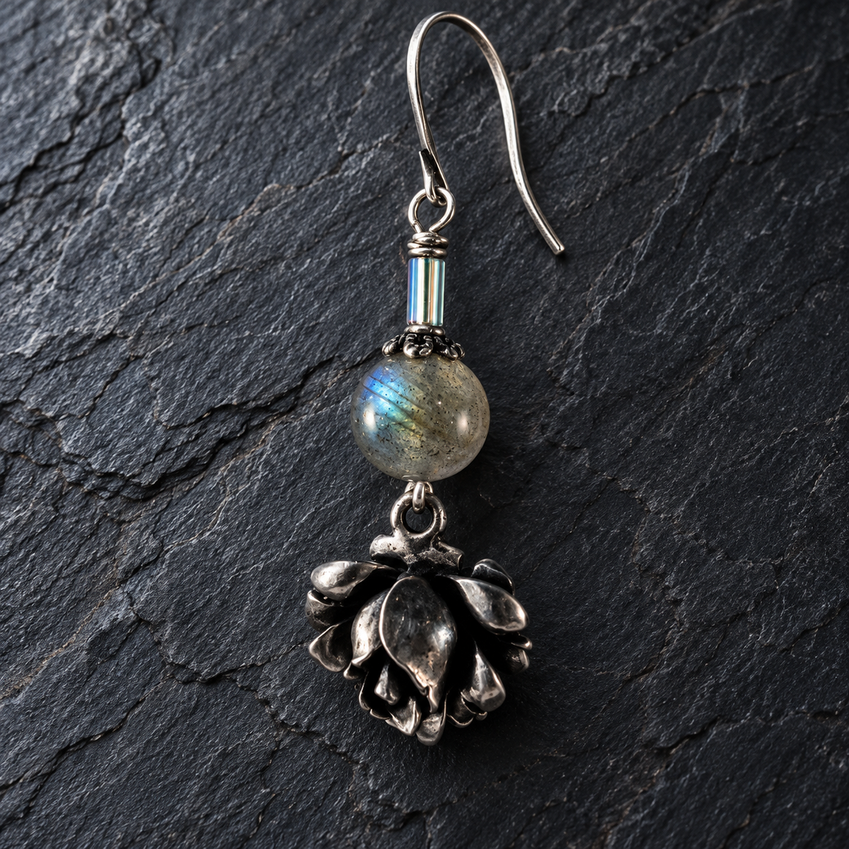 After Dark Hematite & Silver Rose Earrings