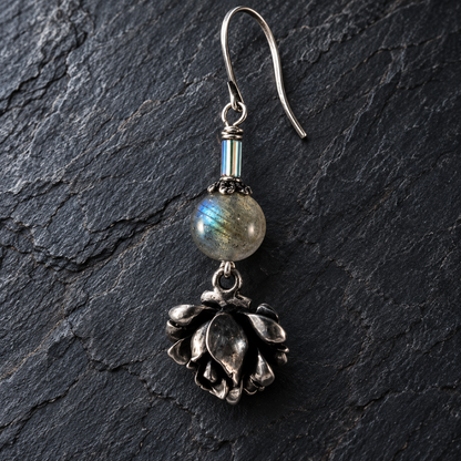 After Dark Hematite & Silver Rose Earrings