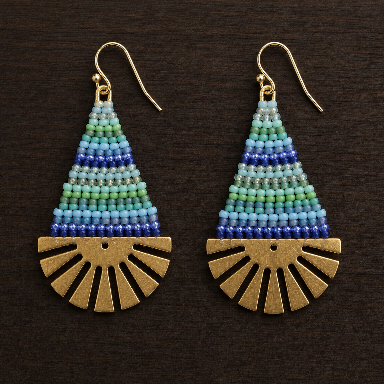 Hand-Beaded Brass Fan Earrings – Three Color Options