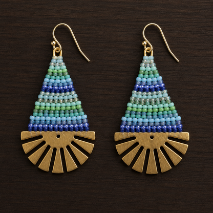 Hand-Beaded Brass Fan Earrings – Three Color Options