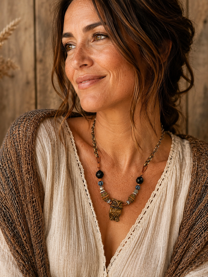 Tiger Eye Owl Pendant Necklace | Handmade Leather, Mixed Metal & Artisan Beads | 18”