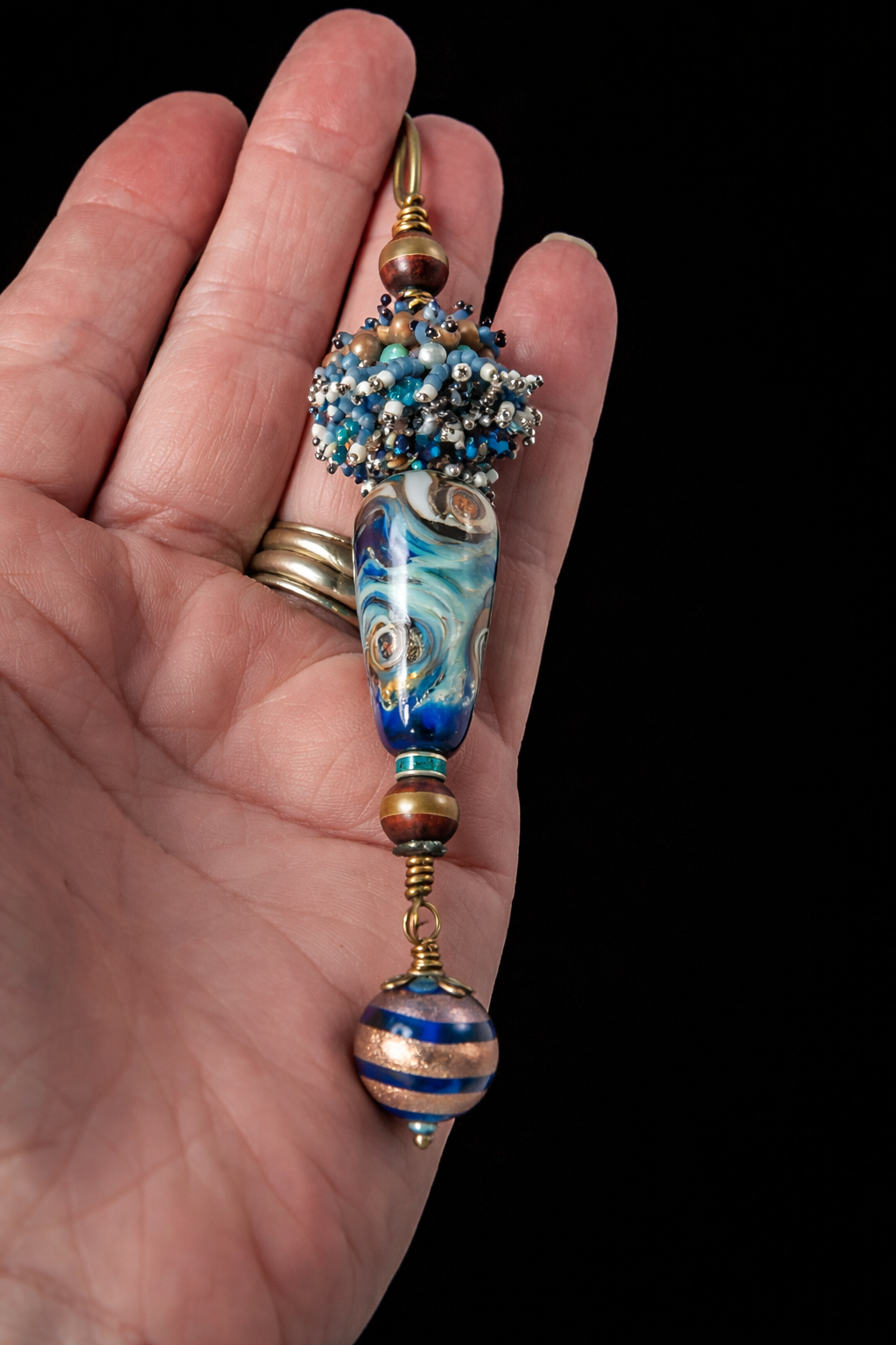 Eye of the Storm Necklace – Ocean Swirl Glass & Hand Beaded Statement Pendant