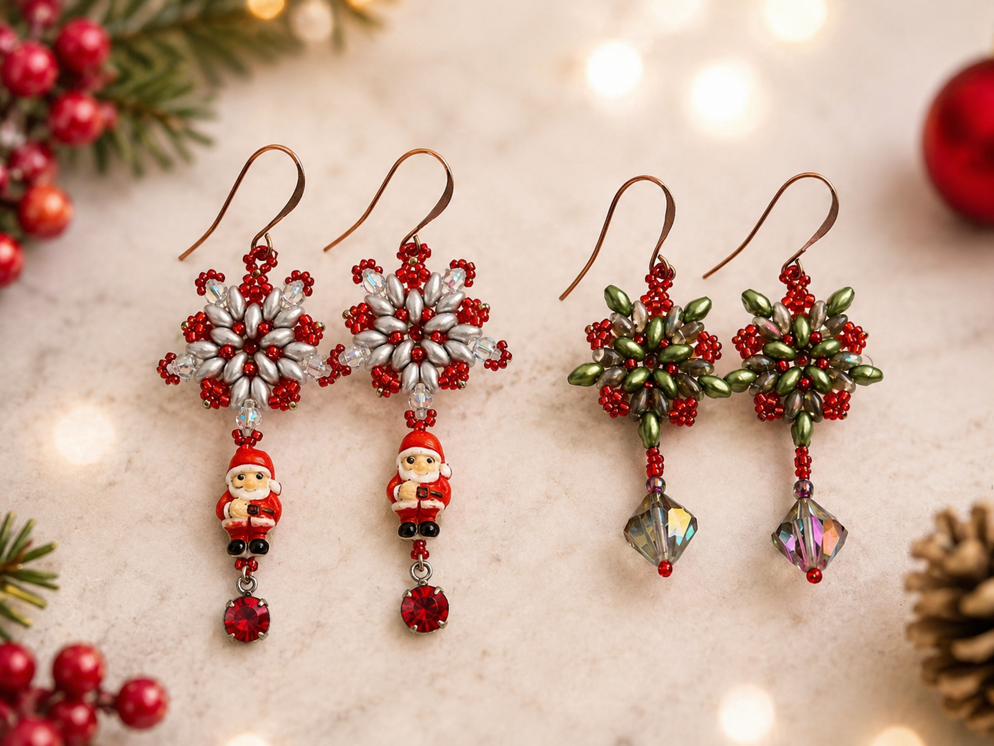 Handmade Christmas Snowflake Earrings – Choose Santa or Crystal Style