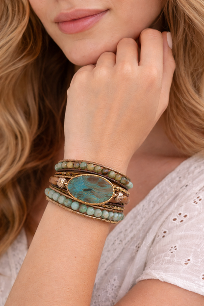 Boho Ammonite Fossil Wrap Bracelets – Natural Stone Multi-Layer Statement Bracelets