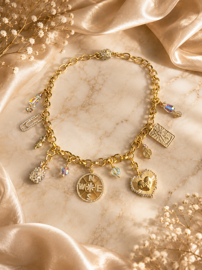 Golden Compass Charm Necklace – Gold Plated Statement Chain with Crystal Accents
