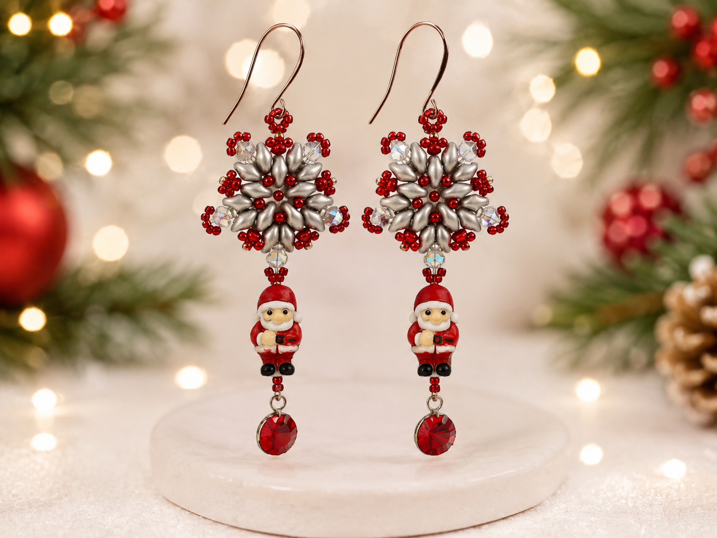 Handmade Christmas Snowflake Earrings – Choose Santa or Crystal Style