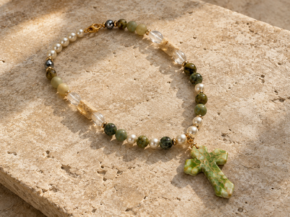 Handmade Green Jasper Cross Necklace | Czech Glass Pearls | Quartz | 18 Inch Artisan Necklace