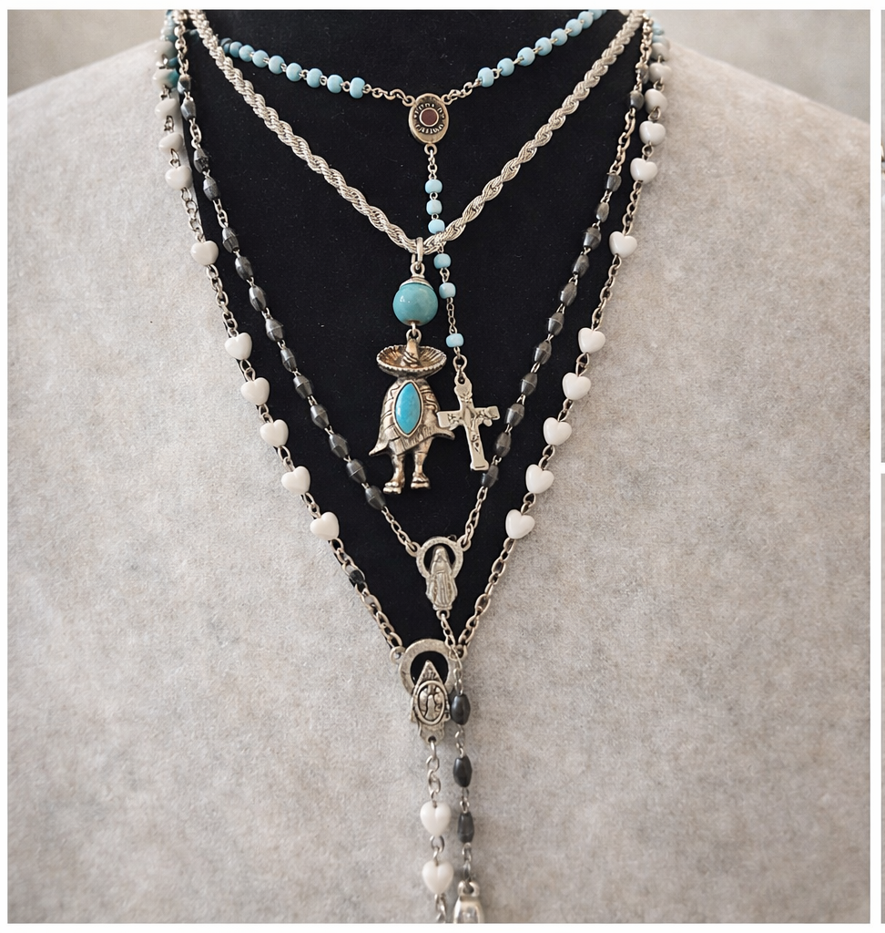 Desert Faith Layered Necklace Set – 4 Vintage Rosary & Southwestern Charm Necklaces with Turquoise, Hearts & Crosses