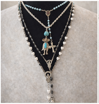 Desert Faith Layered Necklace Set – 4 Vintage Rosary & Southwestern Charm Necklaces with Turquoise, Hearts & Crosses